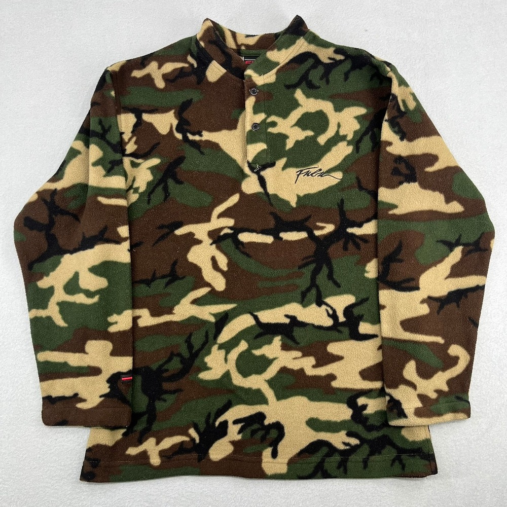 FUBU Kids Camo Fleece Quarter Button Pullover Sweater Green Brown Size M 12/14